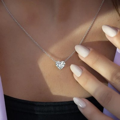 2 Ct Lab-Grown Diamond Heart Solitaire Pendant 18'' Necklace Sterling Silver