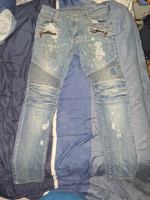 Balmain Men's Light Wash Distressed Biker Slim Tapered Denim Jeans Blue