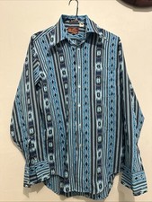 Vintage Sears Kings Road Perma Prest Native American Western Blue Button Shirt M