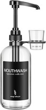 Clear Glass Mouthwash Dispenser with Black Cup Holder and Pump, 16 Oz