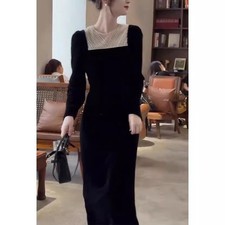 New French Retro Women's Formal Dress Long Sleeve Party Slim Black Velvet Dress