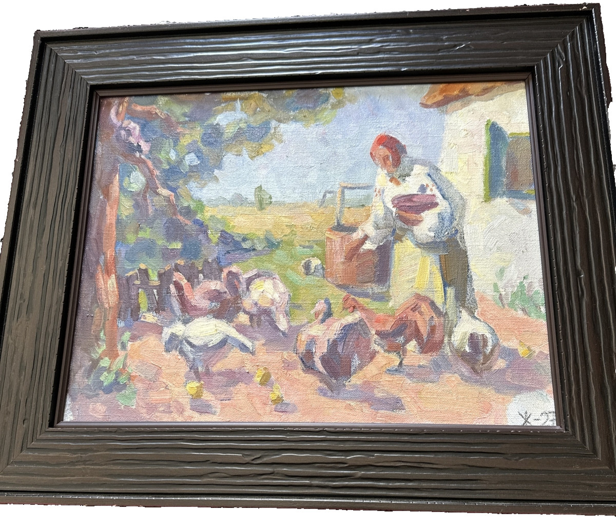Vintage Farm Scene Oil Painting Woman Feeding Chickens Signed Framed