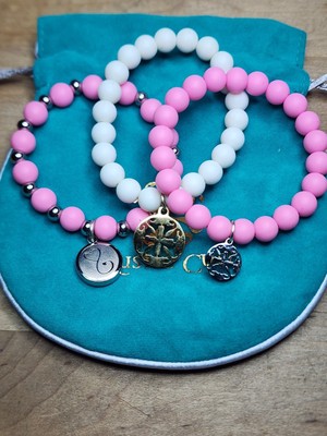3 Rustic Cuff Logo Charm (2)Pink, (1) White Silicone Bead Stretch Bracelets 