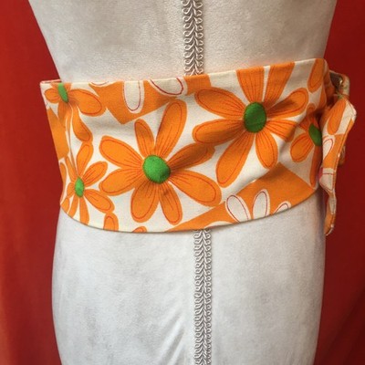 Vintage 70s floral cotton belt orange daisy wide hippie mod  display picture 1