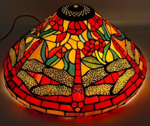 Vintage 16" Tiffany Slag Iridescent Stained Glass Dragonfly Flower Lamp Shade