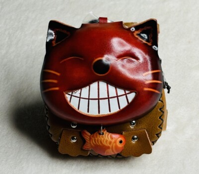 Handmade Leather Red Cat Fish Face Pouch Wristlet High Quality Zipper Mini Bag