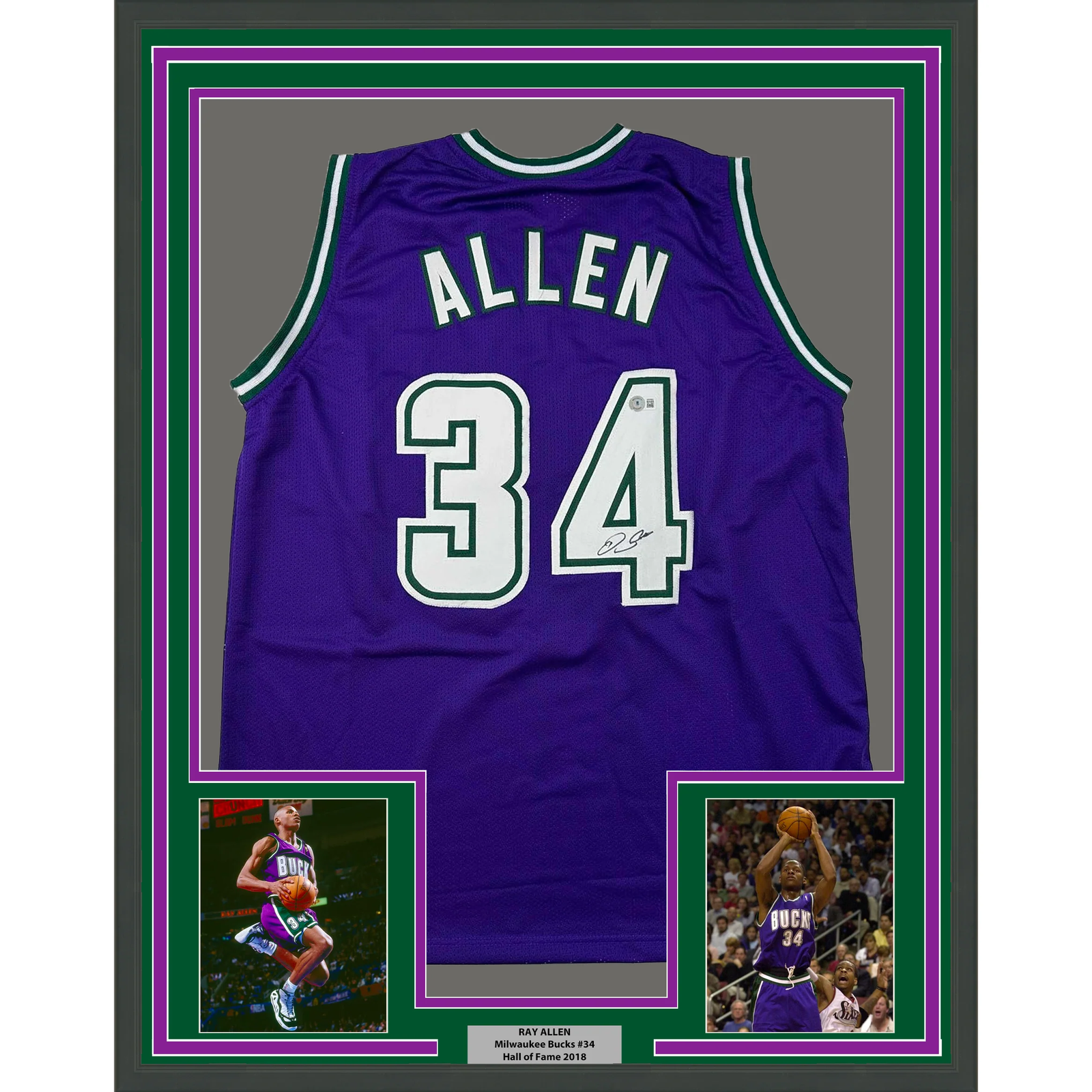 Ray Allen Autographed Signed Milwaukee Bucks Framed / 33x42 Milwaukee Purple Jersey BAS COA 