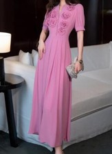 Women's 2024 summer new V-neck manual flowers Slim fit temperament long dress 