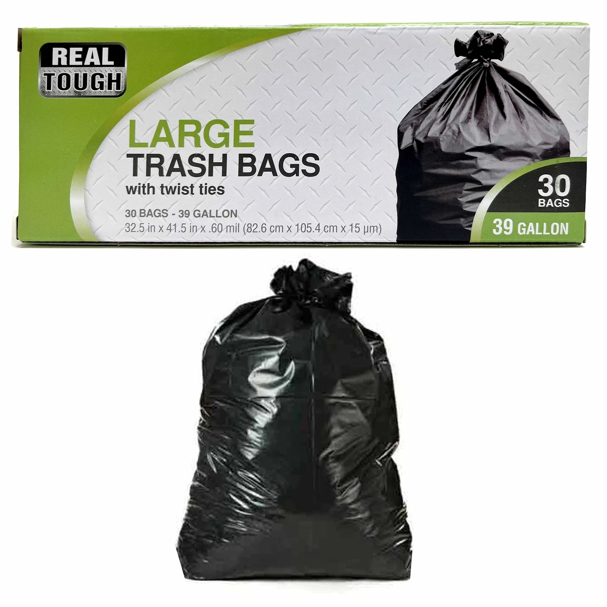 Trash Bags - 39 Gallon - Twist Tie - Lawn & Leaf Bag - Black - 30