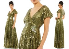 Mac Duggal Olive Green Sequined Butterfly Sleeve Faux Wrap A Line Gown 16 $598