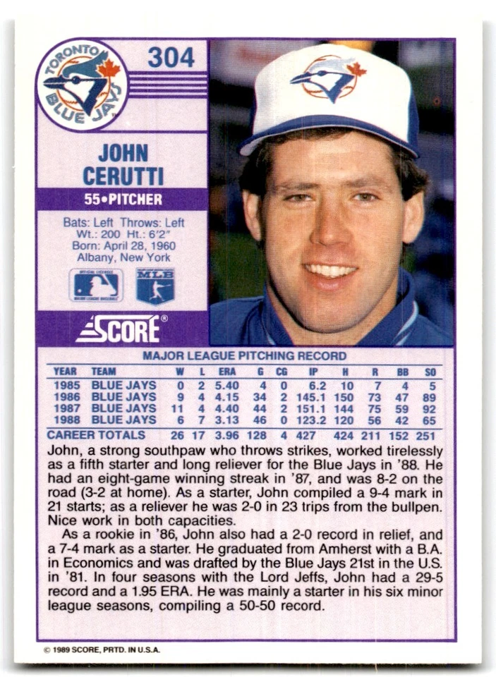 1989 Score John Cerutti Toronto Blue Jays #304 - Image 2 of 2