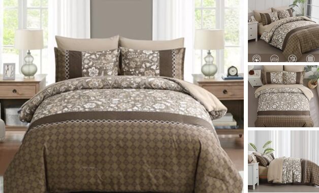Comforter Set 7 Pieces Bed in a Bag Floral Geometric Patchwork Queen Brown