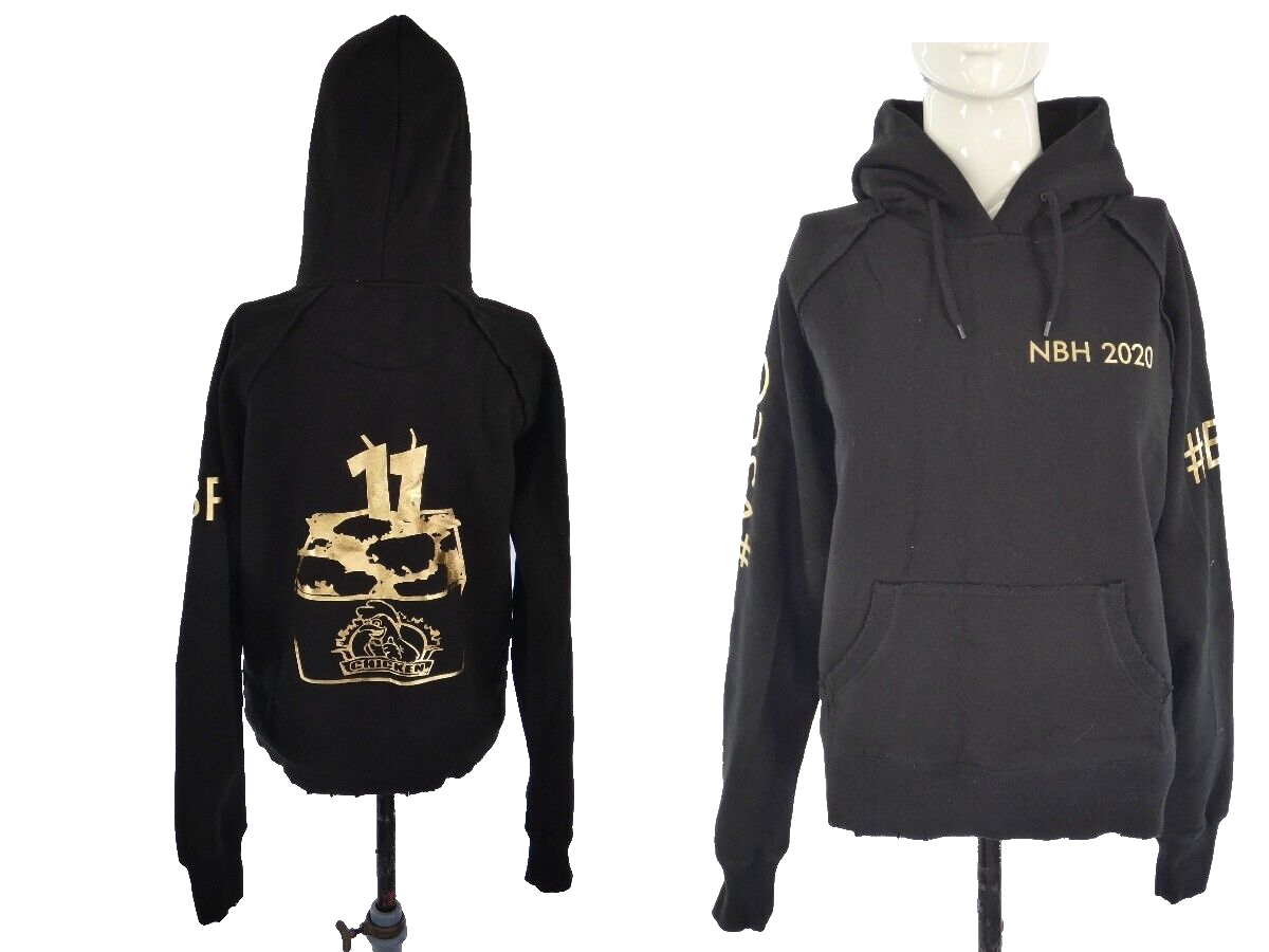 Black Gold Printed Chicken Hoodie Sweatshirt with Distressed Wash in Unusual Size M-image