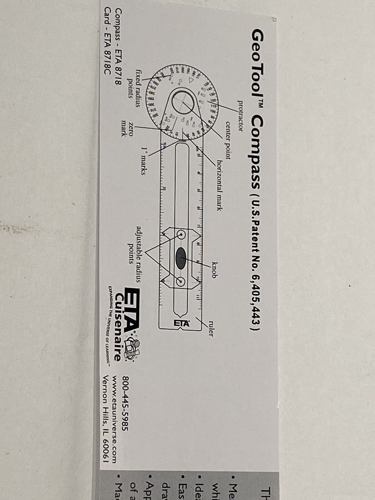 GeoTool Compass by ETA Cuisenaire School Student Math Ruller New In