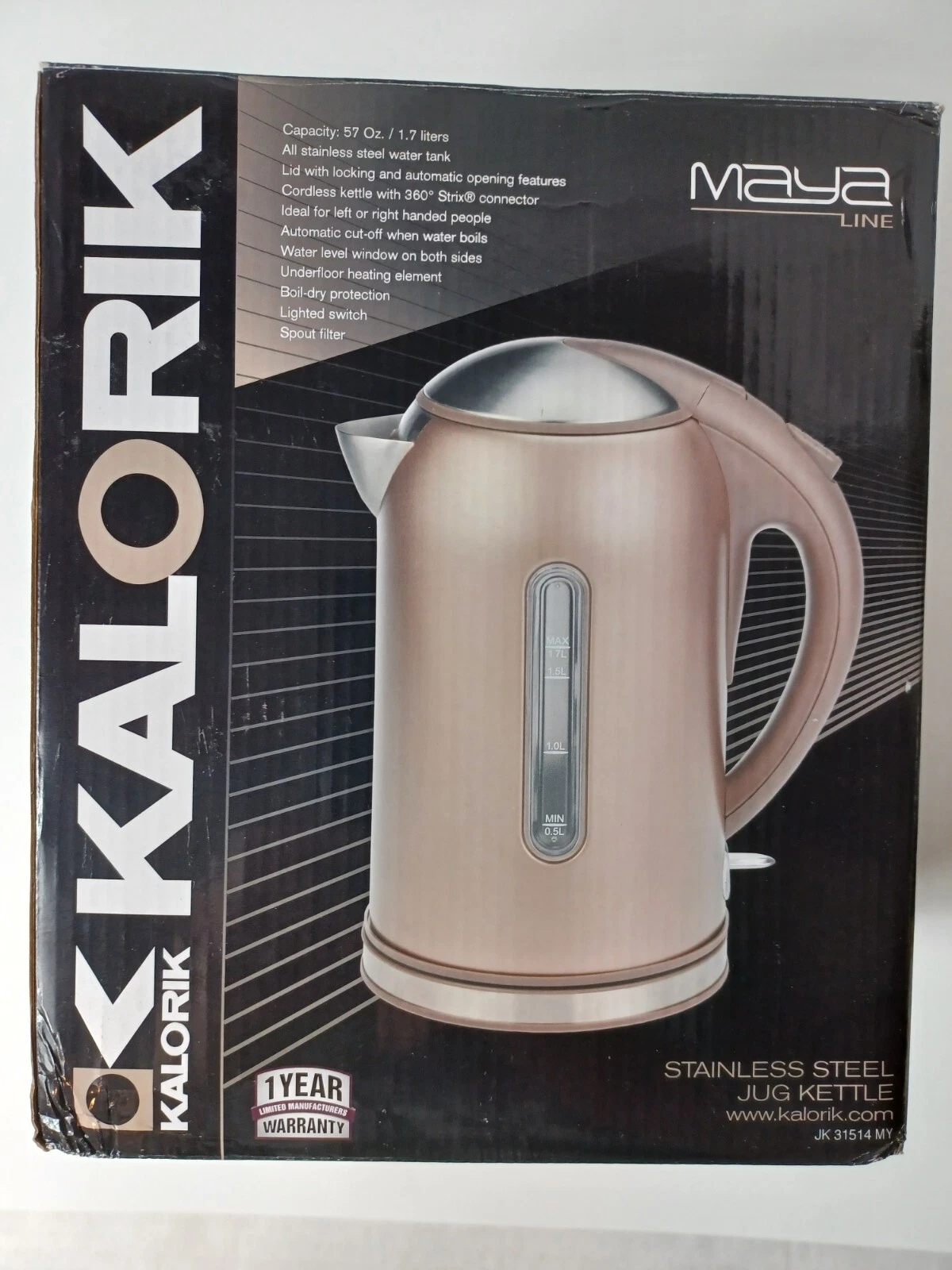 Kalorik Stainless Steel Cordless Jug Kettle 1.7 Liter Maya Line JK31514MY NIB