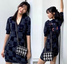 CHANEL 21B GREY BLUE CASHMERE WOOL SILK SHORT SLEEVE MINI DRESS 34 XS