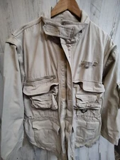 Woolrich Multi Pocket Fishing Jacket Men's Large Khaki Beige Removable Sleeves