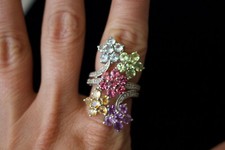 925 Sterling Silver Blue Green Pink Purple Yellow Multi-Gem Flower Ring SZ 6