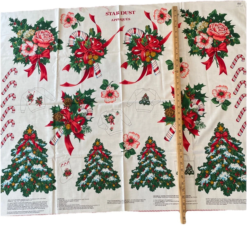 Vintage Christmas Applique Cranston Fabric Panel Iron On GLITTER Candy Cane Tree - Image 3 of 4