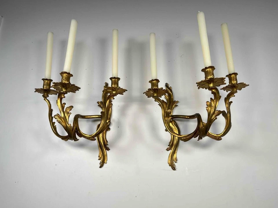 Large Pair Antique French Louis XV Rococo Gilt Bronze Ormolu Sconces Appliques - Image 2 of 4