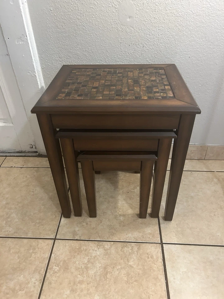 Wood Nesting Tables with Glass Mosaic Style Tile Inlay (Set of 3) - Image 3 of 4