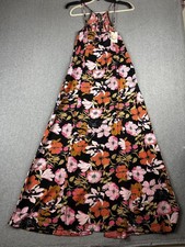 Raga Dress Womens Small Black Flower Maxi Dress Floral Tassel Back Boho R4534