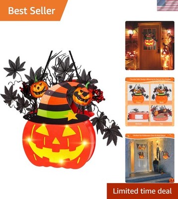 Halloween Door Decoration 10in Light Up Pumpkin Wreath w/Timer for Outdoor Wall