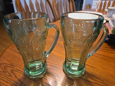 2 VINTAGE Libby Green Coca-Cola Thick Heavy Glasses with Mug Handle  14 oz