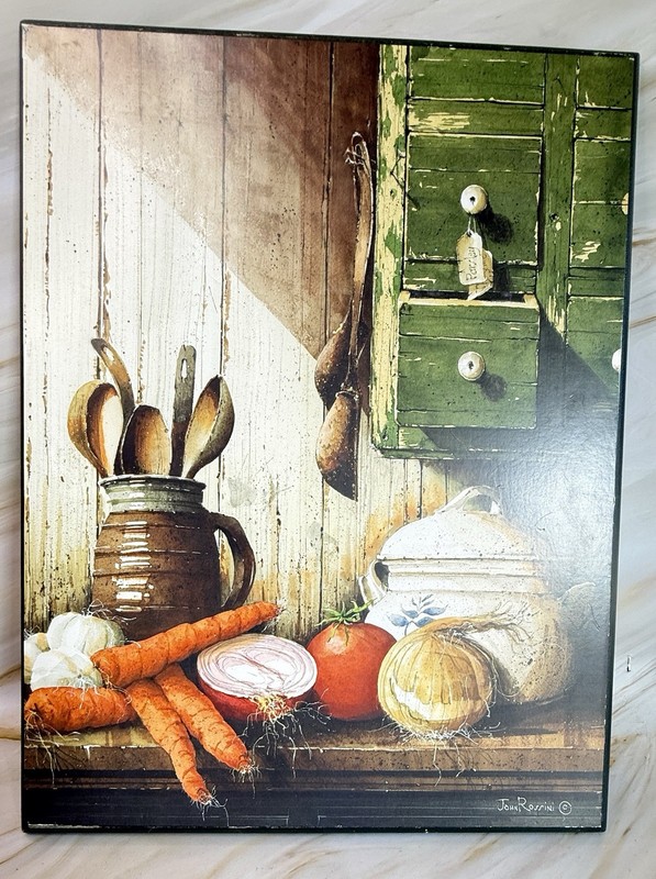 Vintage Rustic  country Kitchen still life  By John Rossini Wood Plaque Cottage