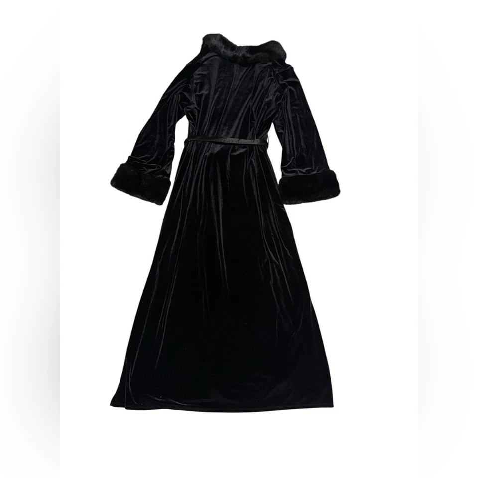 JACALYN BENNETT VTG black belted velour Long Robe with faux fur trim sz large - Image 2 of 4