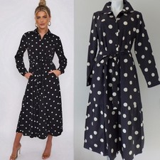 SPIGHE DI LINO sz XL Made In Italy Long Sleeve Polka Dot Midi Dress Black NEW