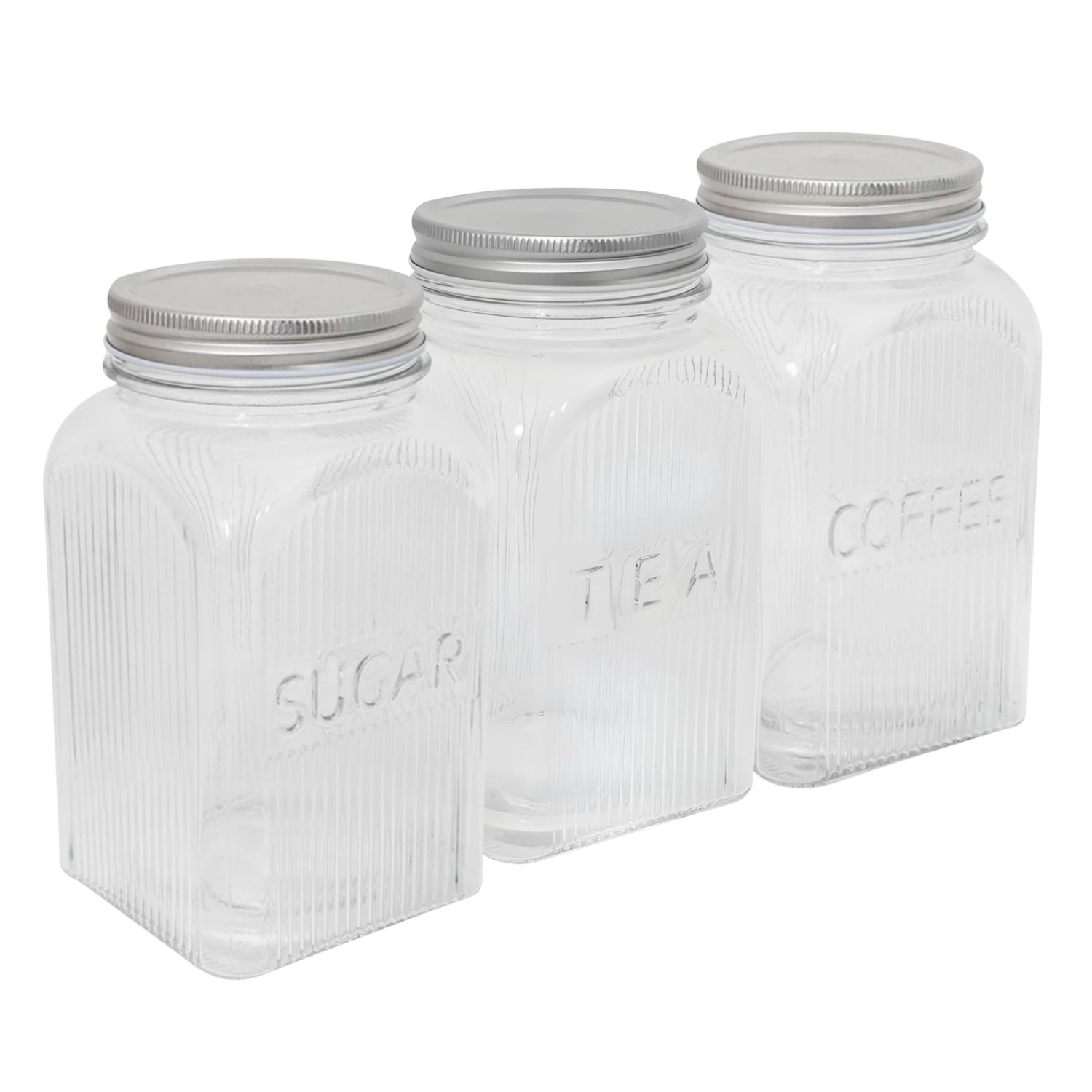 Tea Coffee Sugar Storage Jars 1.3L Clear Ribbed Square Glass Embossed Silver Lid