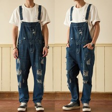 Classic Mens Denim Jumpsuits Distressed Jeans Cargo Pant Overalls Cowboy Jeans