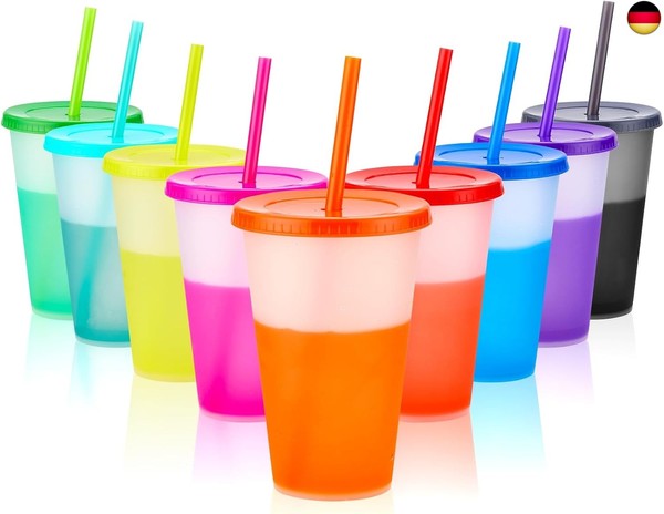 Trinkbecher Mit Strohhalm &Amp; Deckel - 9 StüCk Farbwechsel Becher 16Oz-image