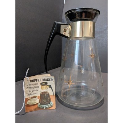 Vintage Corning Atomic Starburst Coffee Carafe Gold MCM Glass Pot with Lid & Tag
