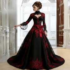 Gothic Black Red Wedding Dresses Long Sleeves Lace Applique Vintage Bridal Gowns