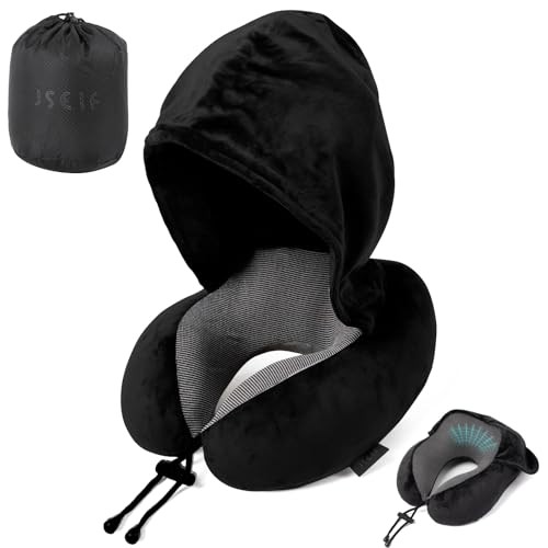 Hooded Travel Neck Pillow for Airplane Comfort in Black