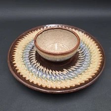 John Coiner Pottery Chip and Dip Plater Bowl Handmade Stoneware Veggie Tray