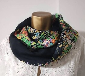 Handmade Kimono Silk Snood Reversible Scarf Floral Black Upcycled from Japan