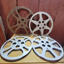 LOT OF 4 VINTAGE METAL FILM REELS 13 3/4" - 12 1/4" - 10 1/2" MISC BRANDS MOVIE