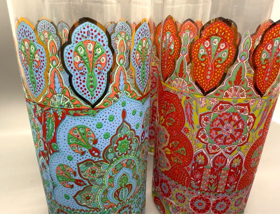 4 World Market Boho Red & Blue Peacock Double Old Fashioned Juice Glasses - Image 4 of 4