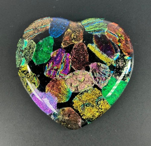 Handmade Art Glass Heart Paperweight Iridescent Dichroic Mosaic Signed 2014