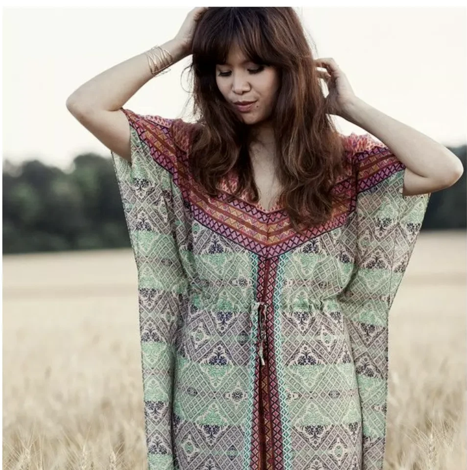 Vestido Vanessa Virginia Anthropologie Chaka Geométrico Kaftan Maxi Cobertura Tamanho P - Imagem 2 de 4