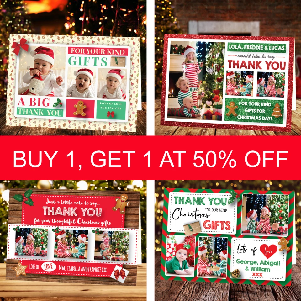 PERSONAL MOMENTS 10 x Personalised Christmas Thank You Cards Notes With Photo + Envelopes