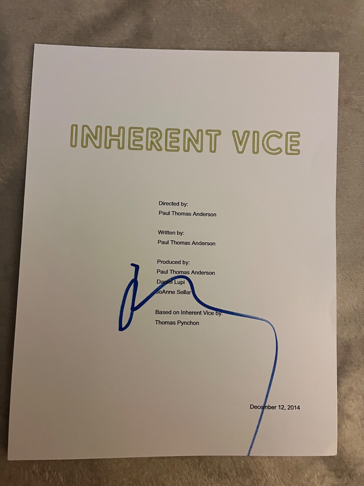 Paul Thomas Anderson Signed Autographed Inherent Vice Movie Script ...