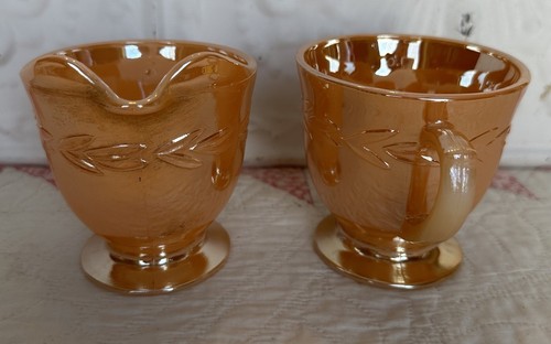 Vintage Fire King Peach Luster Cream and Sugar Set 1950s Laurel Leaf Design - Picture 9 of 13