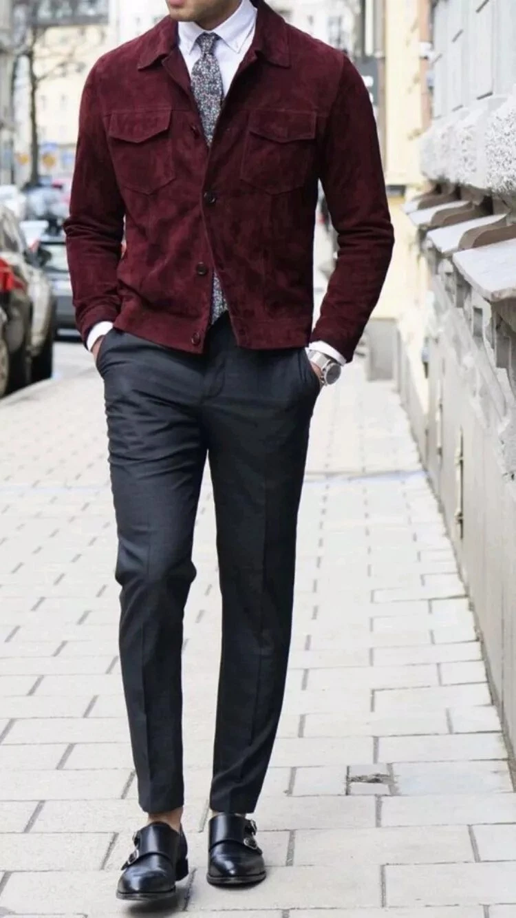 Burgundy Leather Trucker Jacket Men Pure Suede Custom Made Size S M L XXL - 258