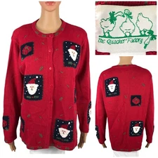 The Quacker Factory Womens Medium Red Ugly Christmas Cardigan Sweater Santa