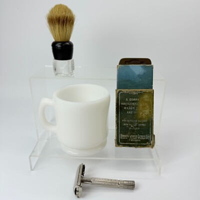 Vtg Shaving Kit Set Gillette Safety Razor Pure Badger Brush Mug HSB & Co Hone