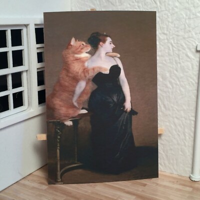 Miniature Dollhouse Shadow Box Art Funny Fat Cat and Lady Handmade 